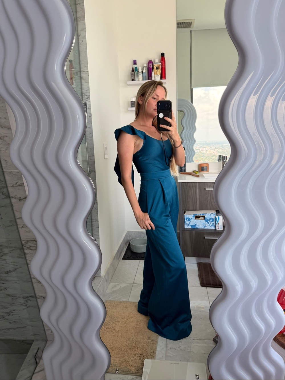 Teal One-Shoulder Jumpsuit with fly shoulder Detail